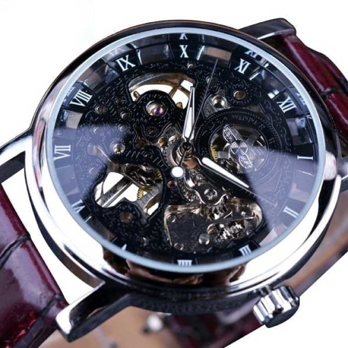 Winner Winner Gouden Kast Luxe Horloge voor Heren - Leren Bandje Transparant Mechanisch Skelet Zwart Bruin