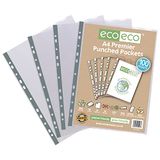 eco-eco A4 100% Gerecycleerde Premier Multi Geperforeerde Zakken Glas Duidelijk, Transparant Poly Wallet Sheet Protector, 90 Microns (Pack van 100)