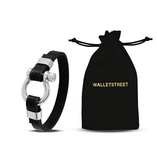 Walletstreet Zeemans/Nautisch Armband - Leer en RVS - Zwart/Zilver - Unisex - 21 cm
