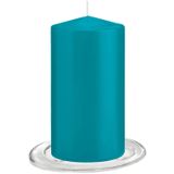 Trend Candles Stompkaarsen met glazen onderzetters set van 2x stuks turquoise blauw 8 x 15 cm