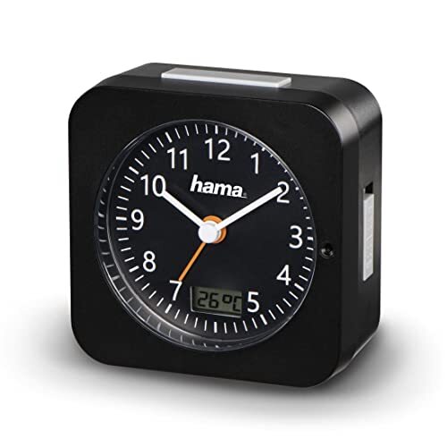 Hama Draadloze wekker analoog (kleine wekker met radio en licht, reiswekker met automatische tijdsaanpassing, timer incl. batterij) zwart