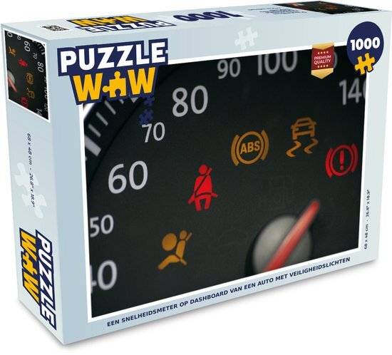 MuchoWow Puzzel Een snelheidsmeter op dashboard van een auto met veiligheidslichten - Legpuzzel - Puzzel 1000 stukjes volwassenen