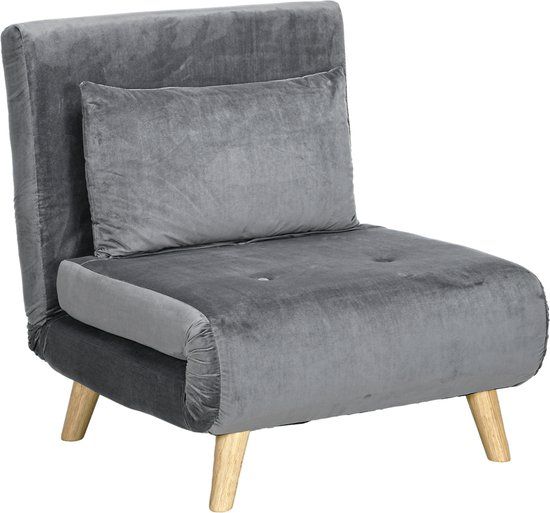 HOMCOM 2 In 1 slapende fauteuil, slaapbed met bedfunctie, decoratief kussen, opvouwbare ontspanning leuningstoel met verstelbare rugleuning leuningstoelbuit in fluwelen optiek, voor woonkamer, grijs