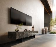 Cuor Meuble TV 150 cm Céramique Emperador Extra Lucidato brun foncé 1 clapet 1 tiroir Pied optique flottant Métal Noir