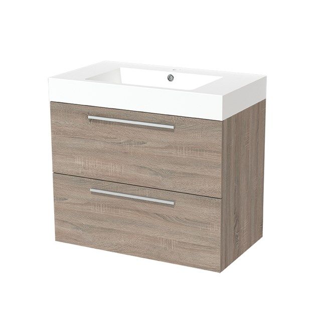 Maxaro Badkamermeubel 80cm Modulo Eiken 2 Lades Vlak Wastafel Mineraalmarmer - 6095851924951