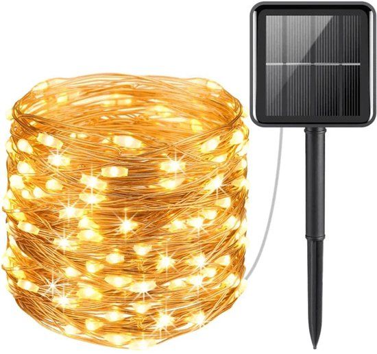 HOFTRONIC Solar Lichtsnoer Twinkle 10 meter met 100 LEDs en 8 lichtstanden - Fairy lights - 3000K warm wit - Schemerschakelaar - IP44 waterdicht - koperdraad