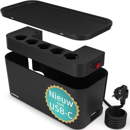 ACROPAQ Kabelbox Stekkerdoos - Zwart - 5x EU, USB-A, QC USB-A & USB-C - Kabel Organizer