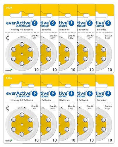 everActive 10, 60 stuks, batterij voor gehoorapparaten, hoge prestaties, zink-luchtbatterijen, 10 blisterkaarten, 4 jaar houdbaarheid, geel, Ultrasonic PR70