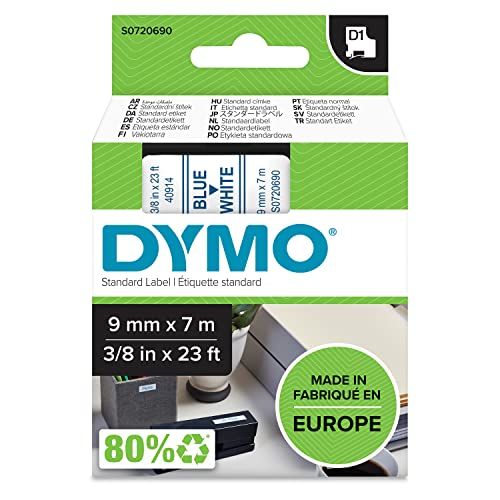 DYMO D1 authentieke hoogwaardige zelfklevende etiketten van polyester, 9 mm x 7 m, blauwe print op witte achtergrond, voor LabelManager labelapparaten