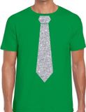 Bellatio Decorations Shoppartners Bv Carnaval verkleed t-shirt - met zilveren glitter stropdas - groen - voor heren - disco - glamour M