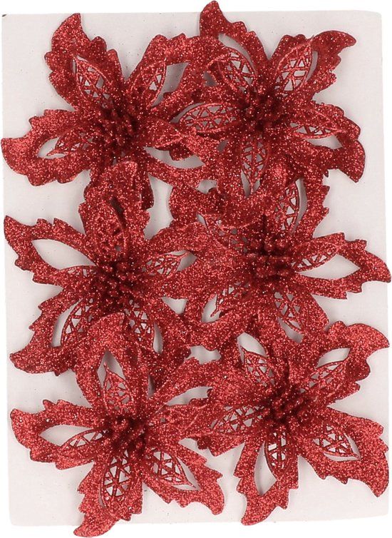 Cosy&Trendy 6x Rode Glitter Bloemen Kerstboomversiering - Kunststof - Cosy&Trendy