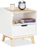 Merkloos Relaxdays Nachtkastje met houten poten, Scandinavisch design met lade, open vak, bedtafel 50 x 43 x 40 cm, wit