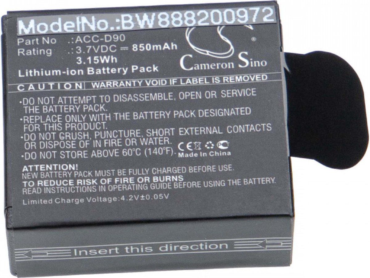 VHBW Camera accu compatibel met AEE Lyfe S72, Lyfe Silver, Lyfe Titan, S90 en S91B - vervangt ACC-D90 en D90 / 850 mAh