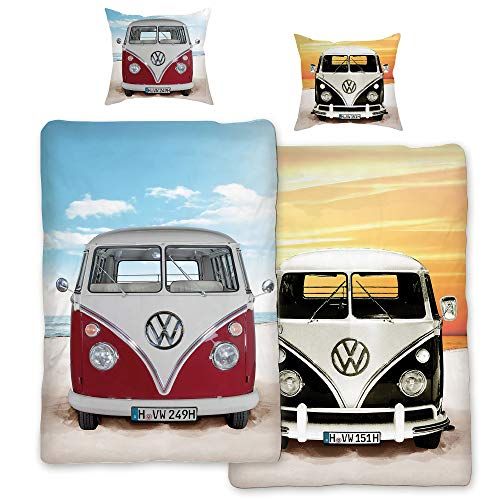 SkyBrands VW Volkswagen Bulli Beddengoed Beach Rood / Zwart 135 cm x 200 cm + 80 cm x 80 cm