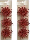 Merkloos Kerstboomversiering Bloemen - 6x stuks - 11 cm - rood glitter - op clip - ornament
