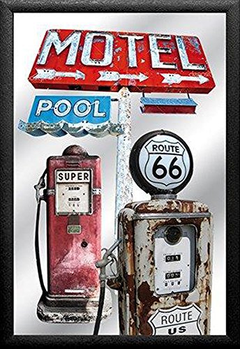 empireposter - Route 66 - Motel - grootte (cm), ca. 20x30 - Bedrukte spiegel, NIEUW - beschrijving: - Bedrukte wandspiegel met zwart kunststof frame in houtlook -