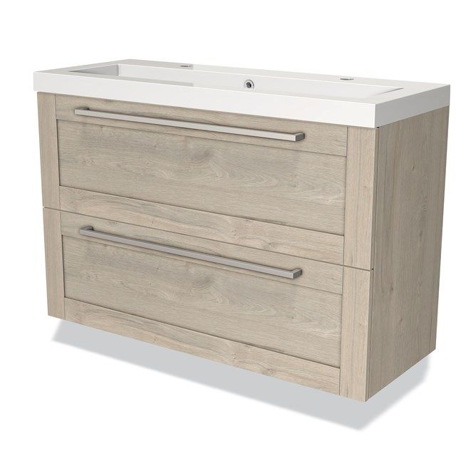 Maxaro Badkamermeubel 100cm Modulo Slim Lichtgrijs Eiken 2 Lades Kader Wastafel Mineraalmarmer