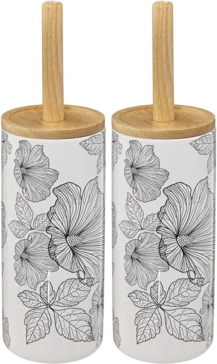 5five WC-borstel met houder - wit/zwart - hibiscus bloemen - 38 cm