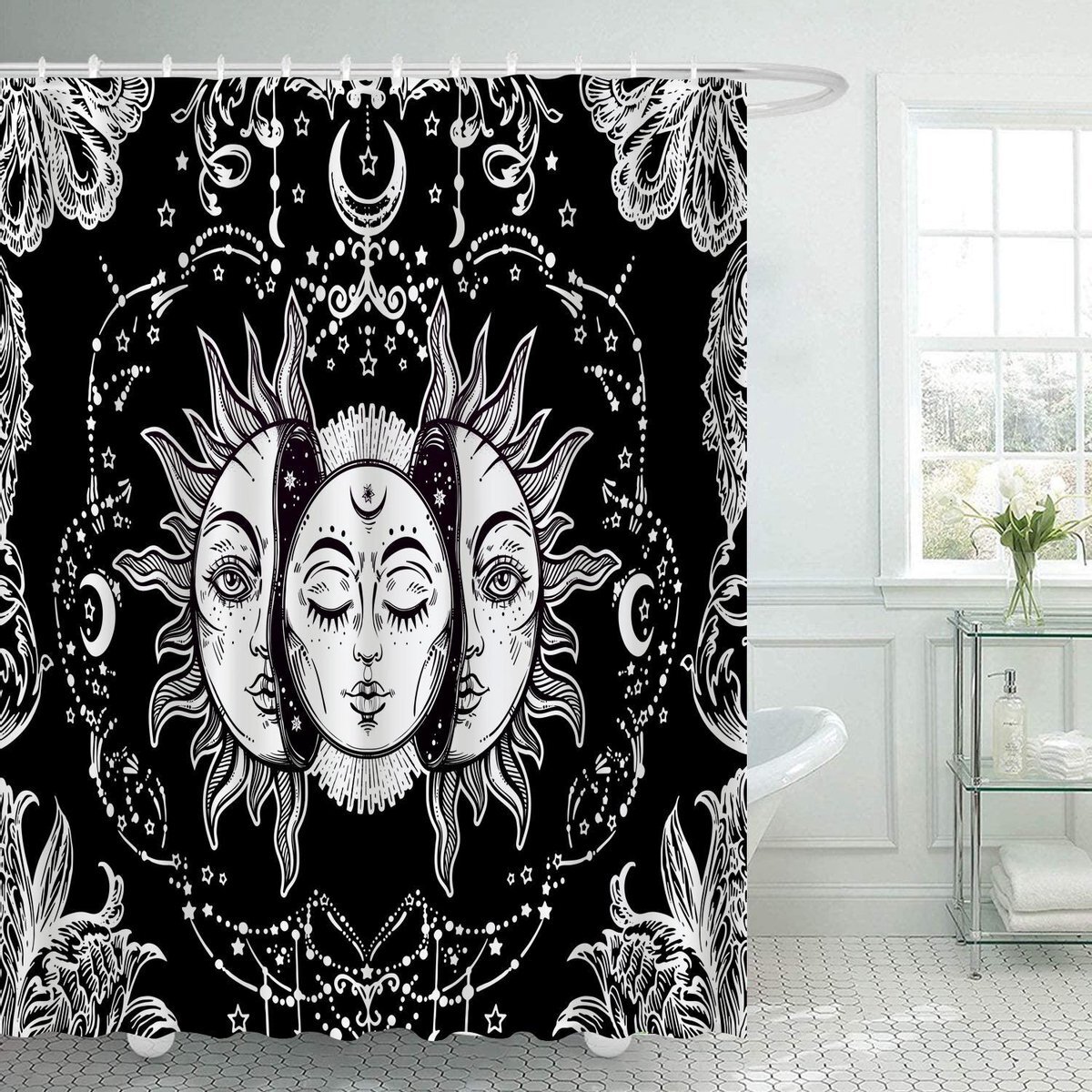 Ulticool Douchegordijn - Zon Maan Zodiac Tarot Natuur Bohemian - 180 x 200 cm - met 12 ringen - Zwart Wit