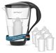 Filtre à eau noir avec carafe en verre, incluant 6 cartouches filtrantes, capacité 2 litres
