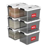 Cetomo 45L x 6 opbergdozen, draag plastic opbergdoos met deksels, organiserende container met handvat en veilige vergrendelende gespen, stapelbaar, nestbaar, draagtas voor huiskleding, 45L-6Pack