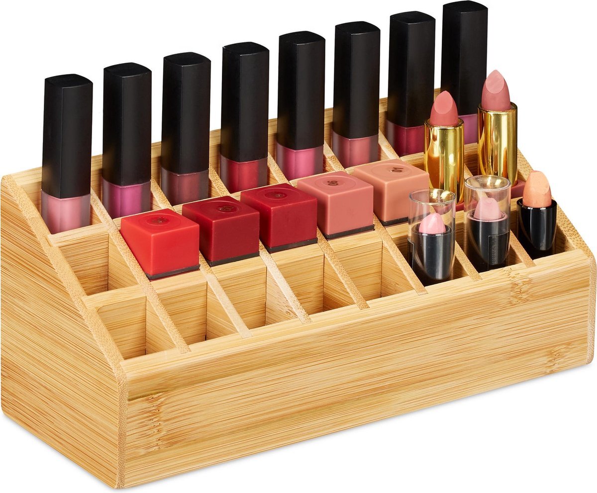 Relaxdays lippenstift houder bamboe - lippenstift organizer - 24 vakken - make up