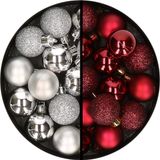 Merkloos / Sans marque Kaemingk B.V. Kerstballen 34x st - 3 cm - zilver en donkerrood - kunststof
