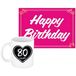 Bellatio Decorations Verjaardag cadeau koffiemok thema 80 jaar - voor een vrouw - hartje - met knalroze Happy Birthday wenskaart - A5 formaat