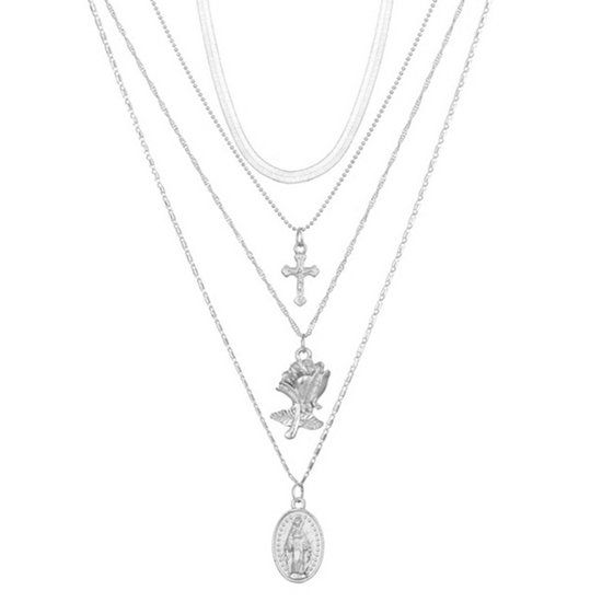 LGT JWLS Gelaagde dames ketting zilverkleurig Kruis Roos Munt