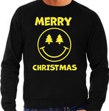 Bellatio Decorations Foute Kersttrui/sweater voor heren - Merry Christmas - zwart - glitter geel - Smile / Emoticon XXL