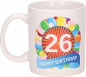 Bellatio Decorations Shoppartners Bv 26 jaar Verjaardag koffiemok - cadeau beker - feestelijke ballonnen print - 300 ml - keramiek - wit