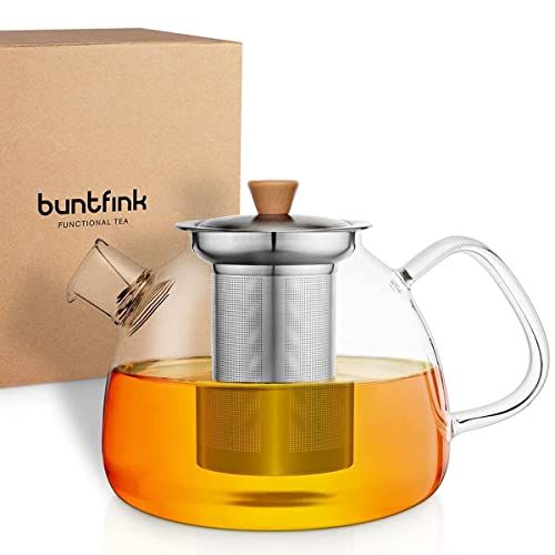 buntfink® TeaPot Theepot glas met zeef voor 1300 ml, glazen pot met zeef van borosilicaatglas, theepot met zeef en uitneembaar filter (roestvrijstalen zeef)