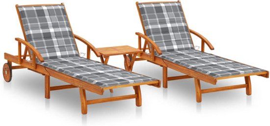 vidaXL Ligstoelen 2 st met tafel en kussens massief acaciahout