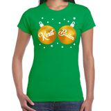 Bellatio Decorations Fout kerst t-shirt groen met gouden kerst ballen borsten voor dames - kerstkleding / christmas outfit XS