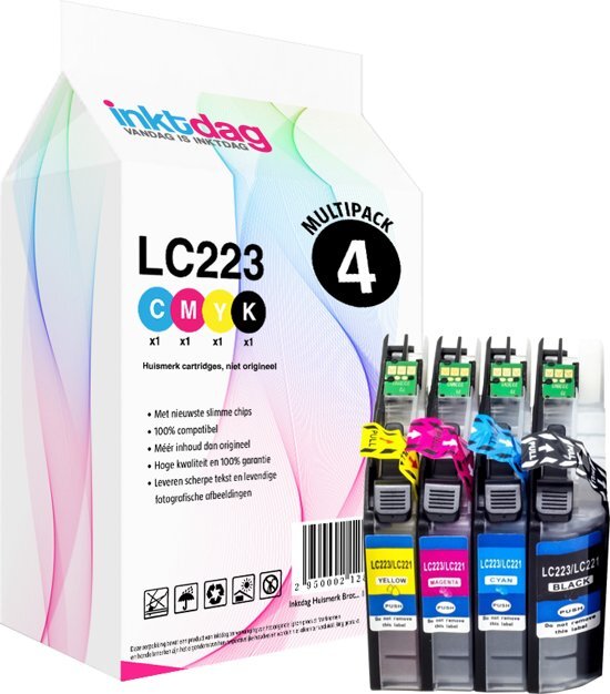 inktdag Huismerk Inktcartridge Compatible voor Brother LC223 / LC221 BK C M en Y Multipack Set van 4 stuks 1 zwart 1 magenta 1 cyaan 1 geel