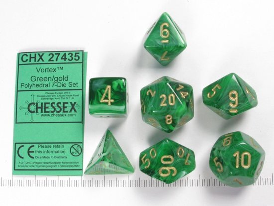 Chessex dobbelstenen set 7 polydice Vortex green w/gold