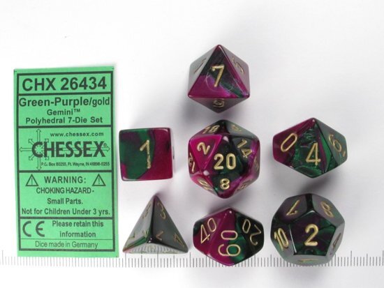 Chessex dobbelstenen set 7 polydice Gemini green-purple w/gold