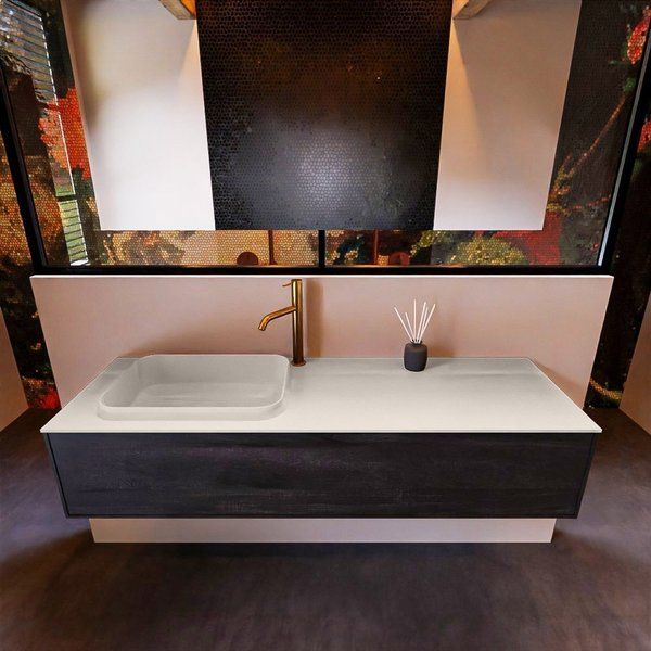 Mondiaz ERIN 150cm badmeubelset onderkast Dark brown met 1 lade Wastafel RIDGE links 1 kraangat Linen ERIN12838