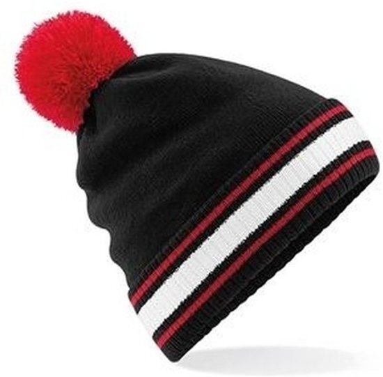 Beechfield Zwart/rood met witte beanie muts met pompon voor heren