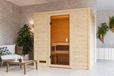 Woodfeeling Sauna Selena (met toegang aan de voorkant), volledig glazen deur, bronskleurig, verwarming 3,6 kW, externe bediening, eenvoudig in gebruik