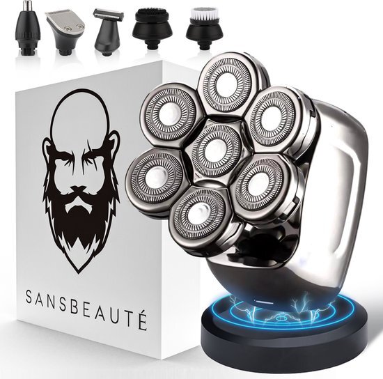 6-in-1 Scheerapparaat Mannen – Trimmer - Tondeuse - Sansbeauté® SkullSharp PRO - Electric Face & Head Shaver - Skull Shaver - Hoofd Kaal Scheren – Nat & Droog - Draadloos Opladen - Elektrisch