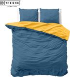 The One Bedding Housse de couette Classic - 240 x 220 cm - Lits jumeaux - 2 Taies d'oreiller - Coton/Satin - Indigo bleu & Ocre jaune