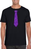 Bellatio Decorations Shoppartners Bv Zwart fun t-shirt stropdas met paarse glitters heren - Themafeest/feest kleding XXL