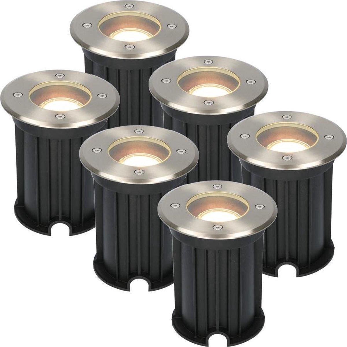 HOFTRONIC 6x Maisy - LED Grondspots voor buiten - Rond - RVS - IP65 waterdicht - Verwisselbare GU10 - 5 Watt - 2700K Warm wit - Dimbaar - Tuinspots en inbouwspots buiten voor in de grond -