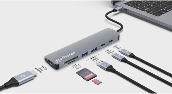 Manhattan USB-C dock/hub met kaartlezer, poorten (5): HDMI, USB-A (2×) en USB-C (2×), met Power Delivery (PD) 100 W - vereist een externe USB-C-lader (niet inbegrepen). USB-gevoed (geen externe voeding vereist) wanneer PD niet wordt gebruikt