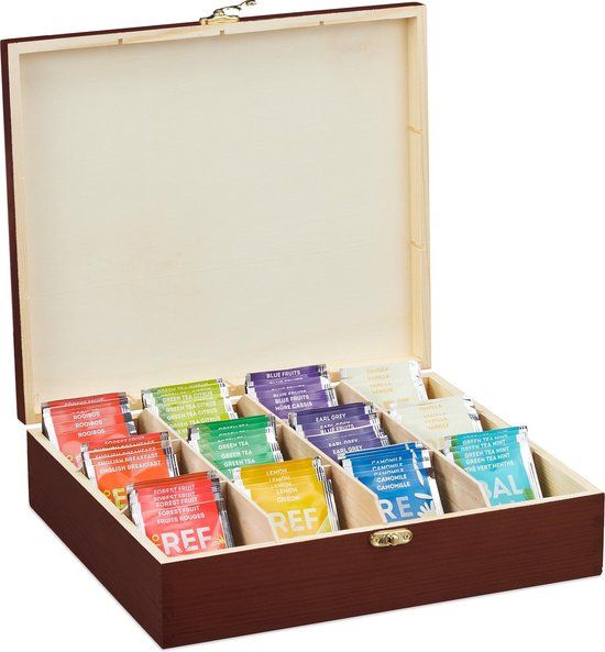 Houten theedoos - 12 vakken - donkerbruin - 7.5x29x26 cm