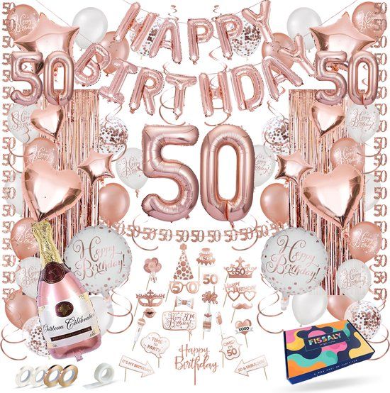 Fissaly 50 Jaar Rose Goud Verjaardag Decoratie Versiering - Helium, Latex & Confetti Ballonnen