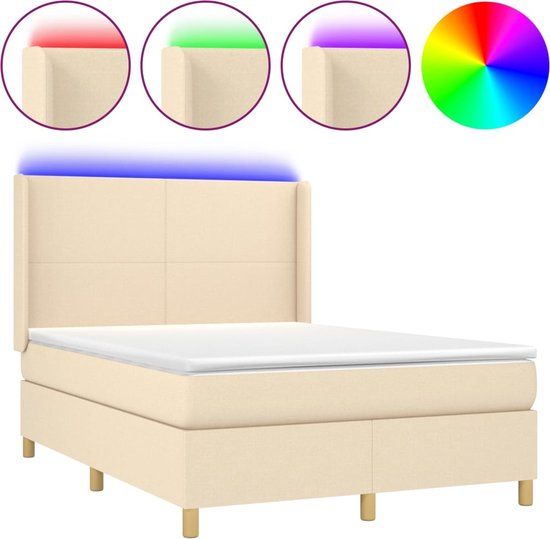 vidaXL Boxspring met matras en LED stof crèmekleurig 140x190 cm