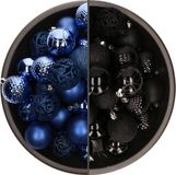 Bellatio Decorations Kerstballen mix - 74-delig - kobalt blauw en zwart - 6 cm - kunststof