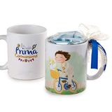 Mopec GD912.3.5 mok voor jongens, communie, bimbo in fiets, geschenkdoos en 7 snoep, porselein